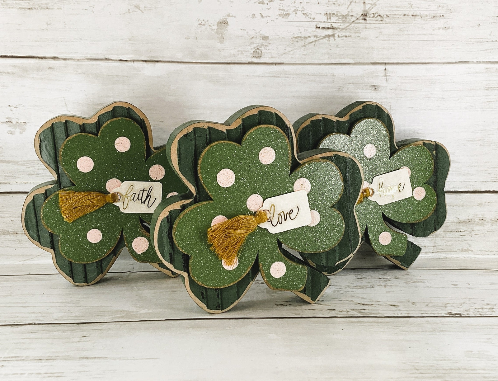 AGD  St Patricks Decor - Faith Hope Love Wood Shamrock 3pc Set