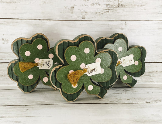 AGD  St Patricks Decor - Faith Hope Love Wood Shamrock 3pc Set