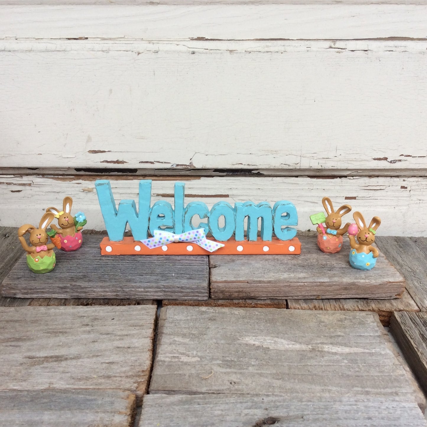 AGD Easter Decor - Welcome Sign with Miniature Bunnies in Pot