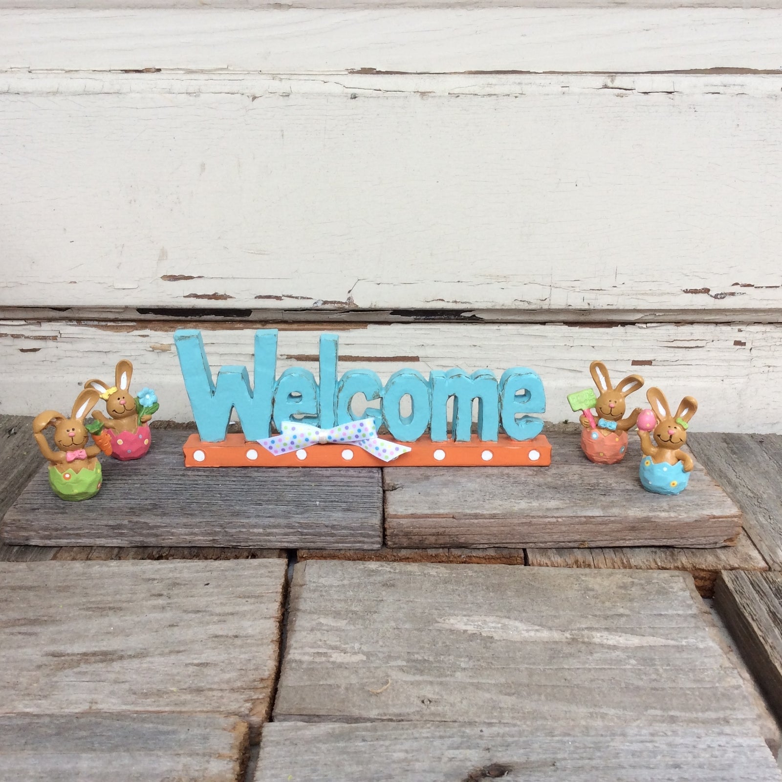 AGD Easter Decor - Welcome Sign with Miniature Bunnies in Pot