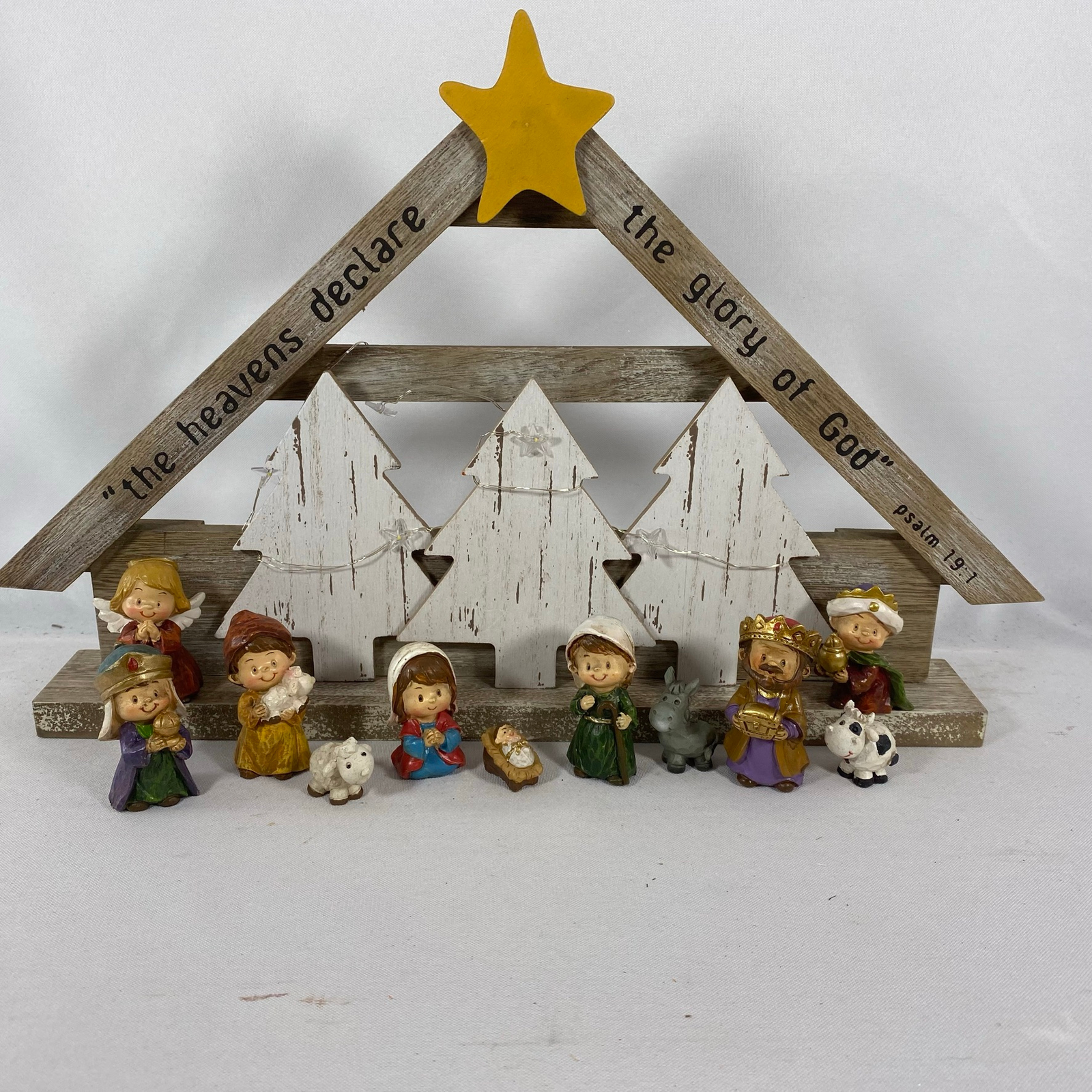 AGD Christmas Decor - Resin Children Nativity Lighted  Stable Wood Manger Set