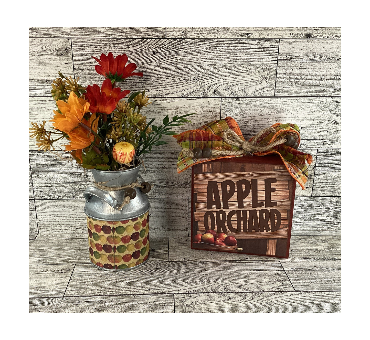 AGD Fall Decor - Apple Orchard Sign Floral Milk Can 2pc Set