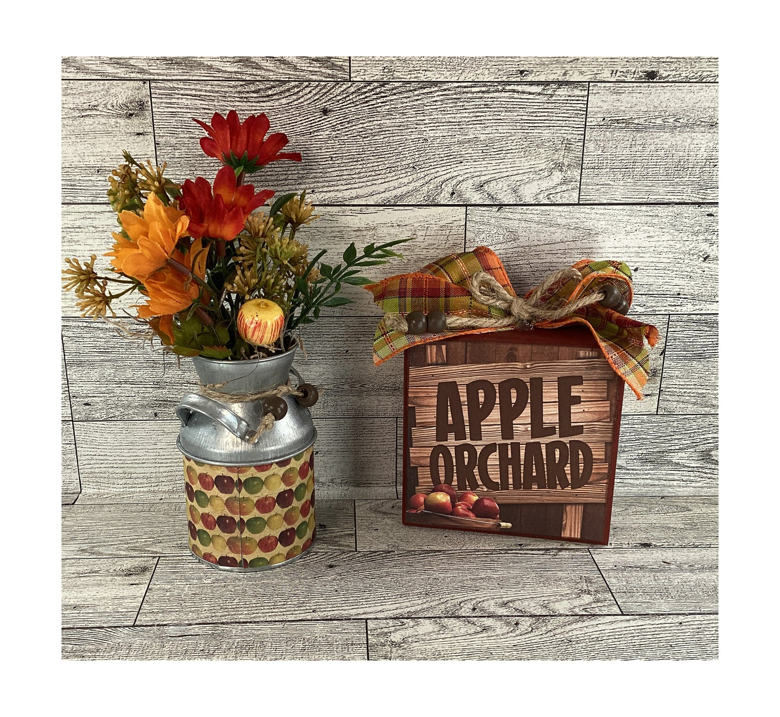 AGD Fall Decor - Apple Orchard Sign Floral Milk Can 2pc Set