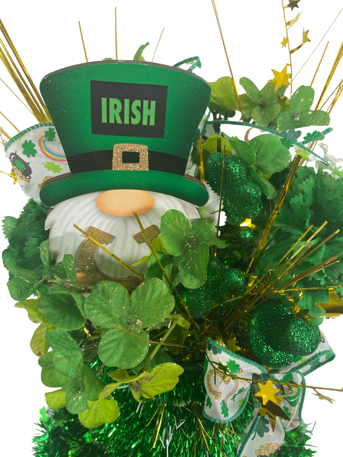 AGD St Patrick's Decor - Large Green Lighted Tinsel Tophat Centerpiece