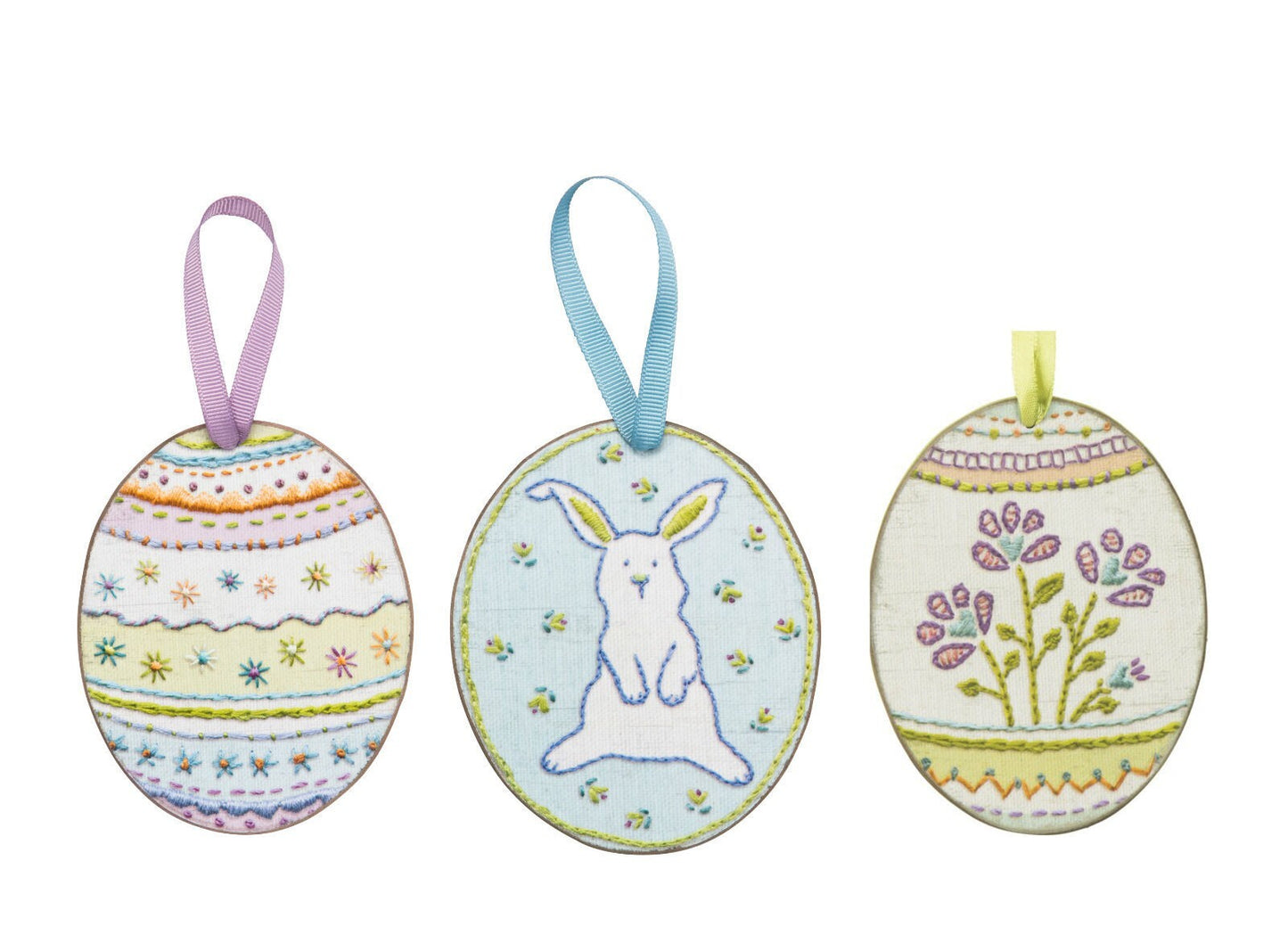 PBK Easter Spring Decor - Egg Bunny Faux Embroidery Ornaments 3pc