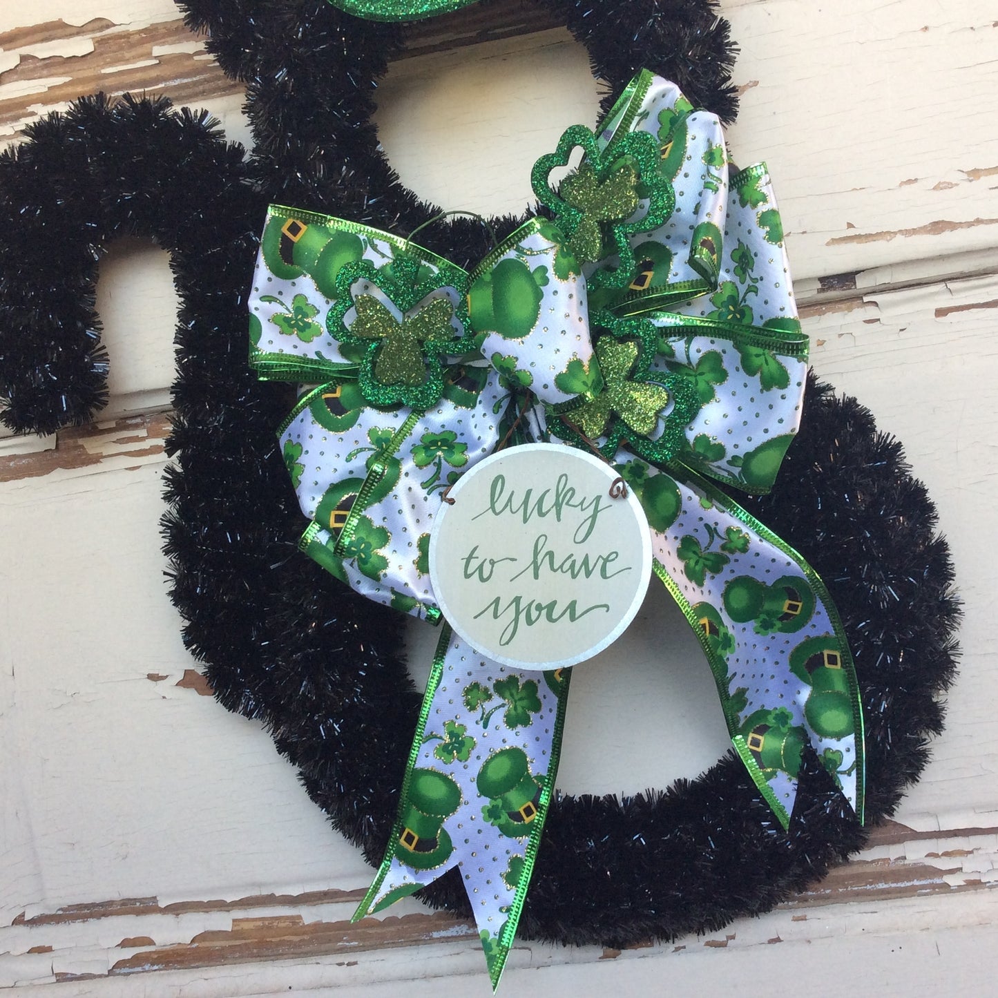 AGD Saint Patricks Decor - Green Black Cat Lucky To Have You Tinsel Wreath
