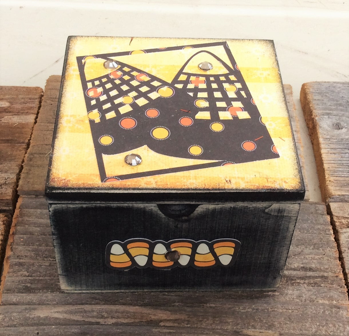 AG Original - Candy Corn Silhouette Candy Stash Trinket Box - Orange Yellow Dots