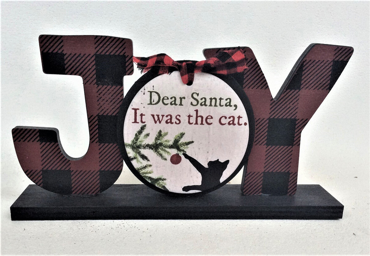 AGD Christmas Decor - Buffalo Check Plaid Joy Cat Tabletop Sign