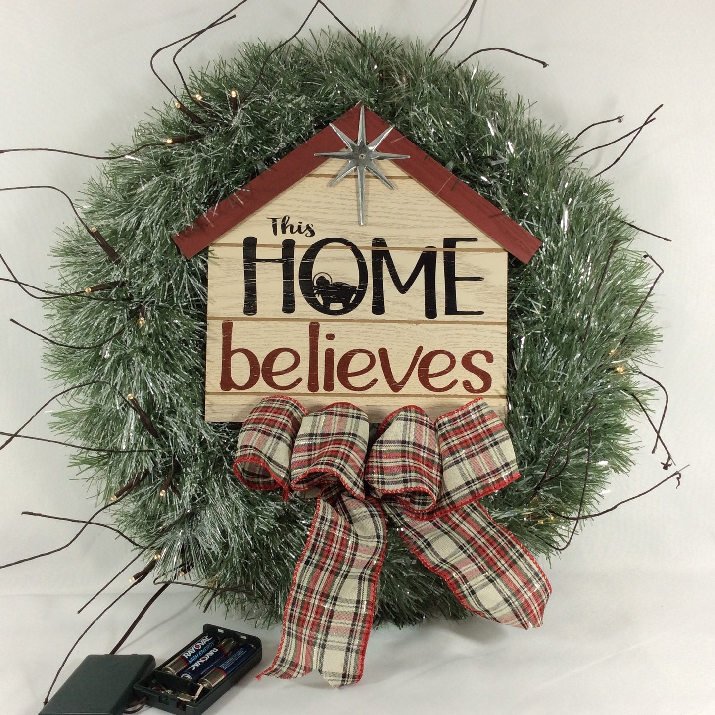 AGD Christmas Decor - Faux Pine This Home Believes Lighted Tinsel Wreath