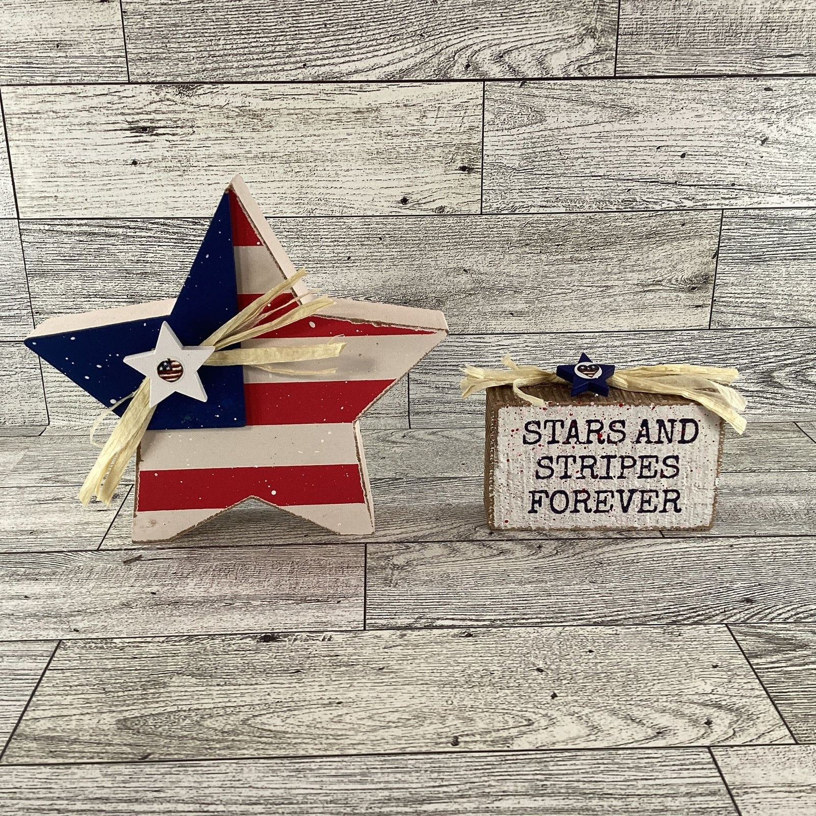 AGD Patriotic Decor - Stars Stripes Block Sign Chunky Wood Star Sitters 2pc Set