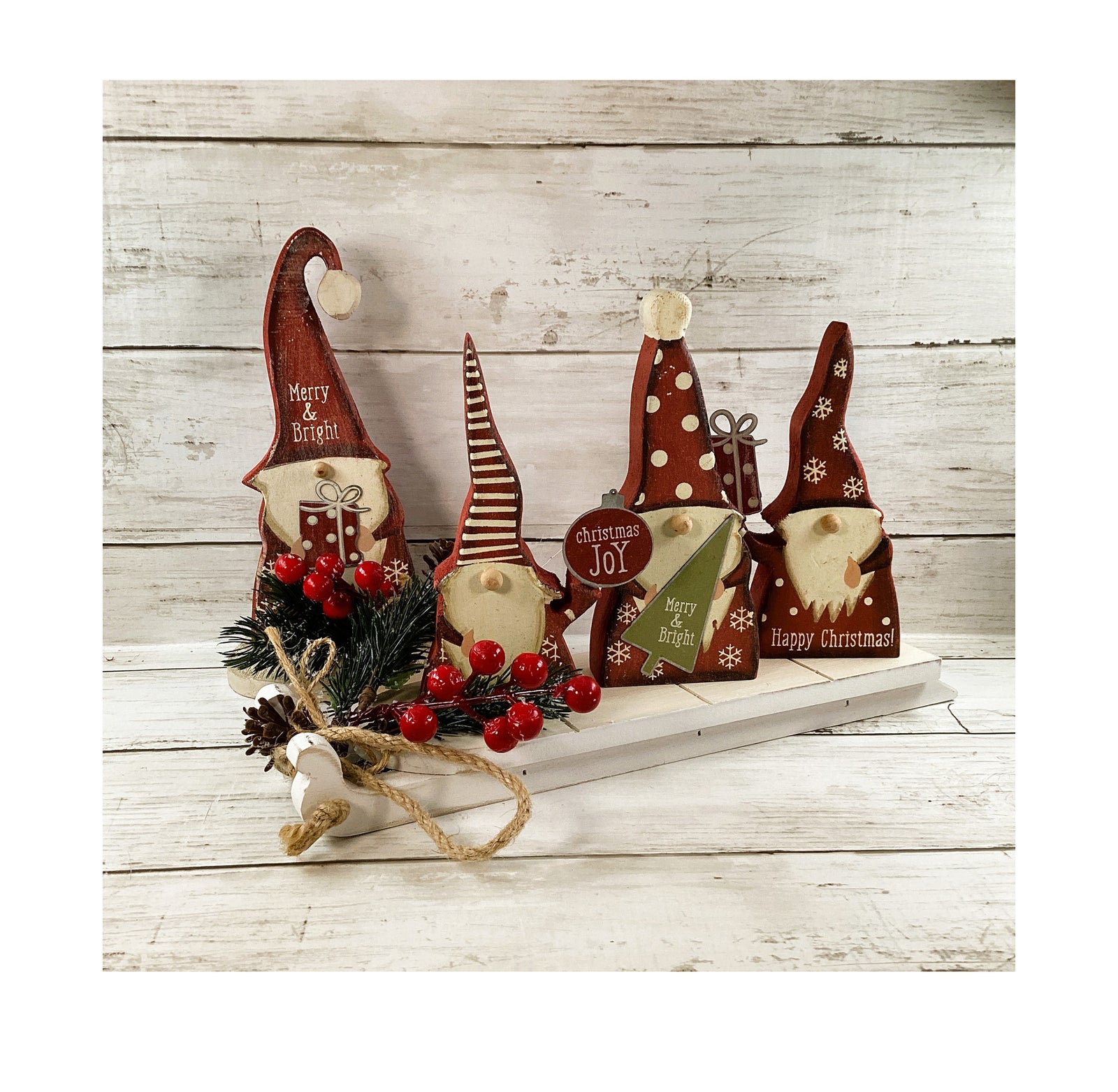 AGD Christmas Decor - Farmhouse Prim Gnomes Sled Tier Tray 5pc Set