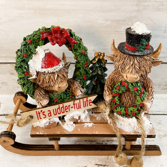 AGD Christmas Decor - Udder-ful Life Highland Scottish Cow Sled Decor