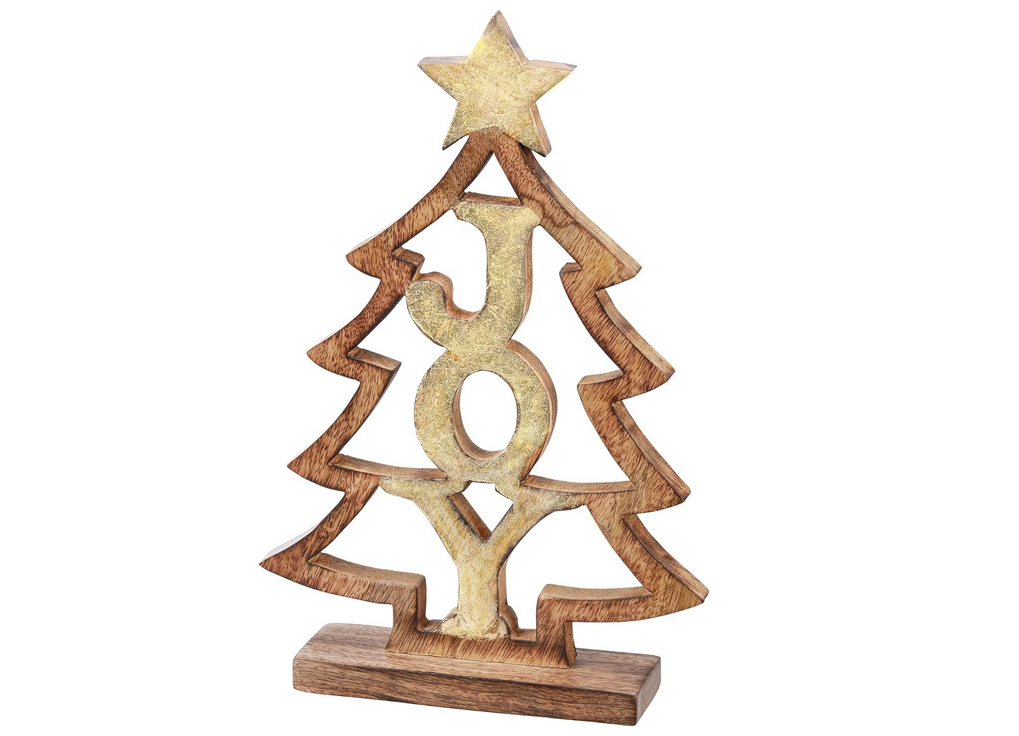 PBK Christmas Decor - Wood Natural Carved Joy Wood Tree