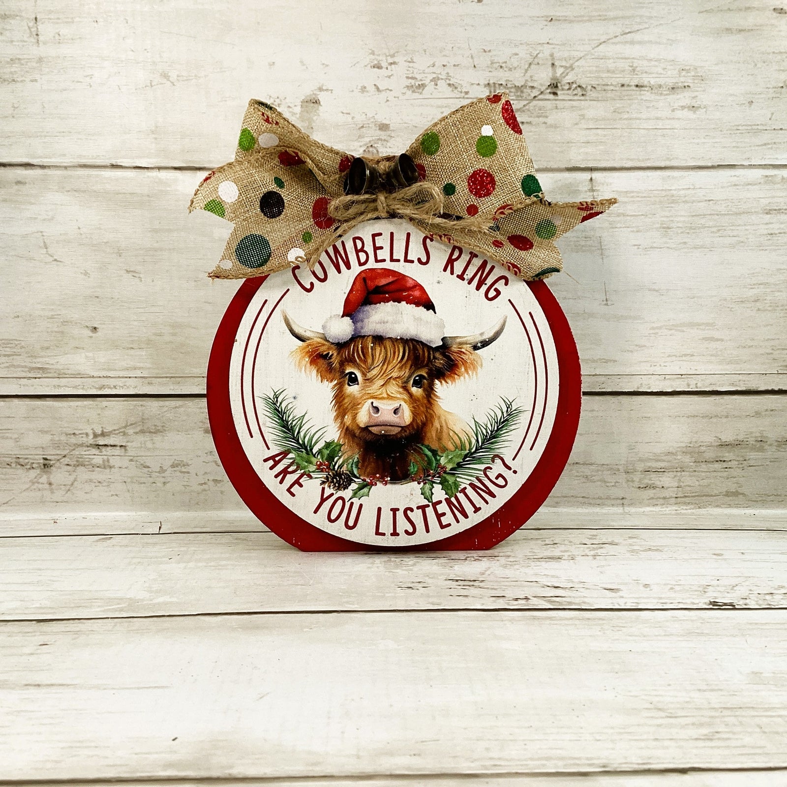 AGD Christmas Decor - Highland Cow Bells Ring Chunky Wood Bulb Sitter