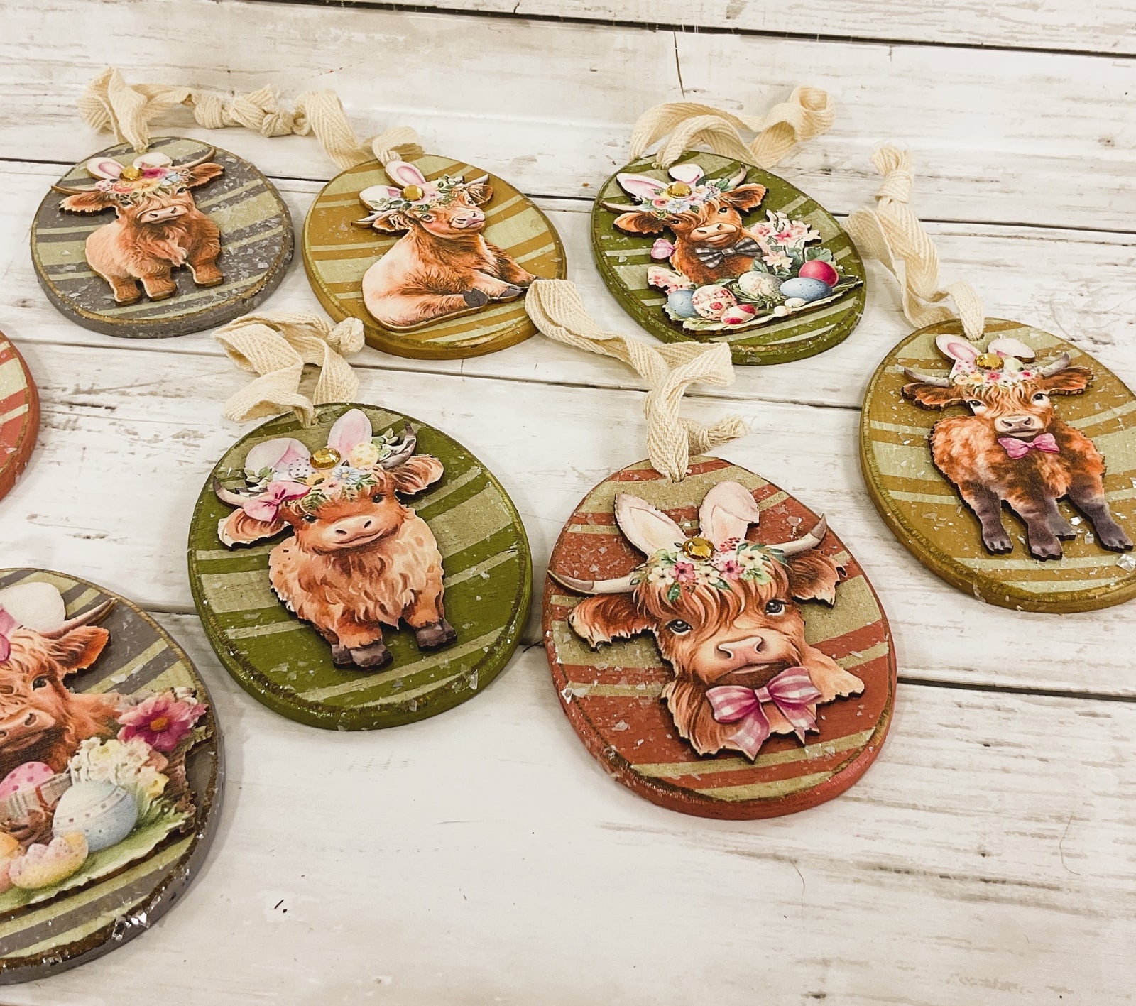 AGD Easter Spring Decor - Pastel Highland Cow Ornaments 8pc Set