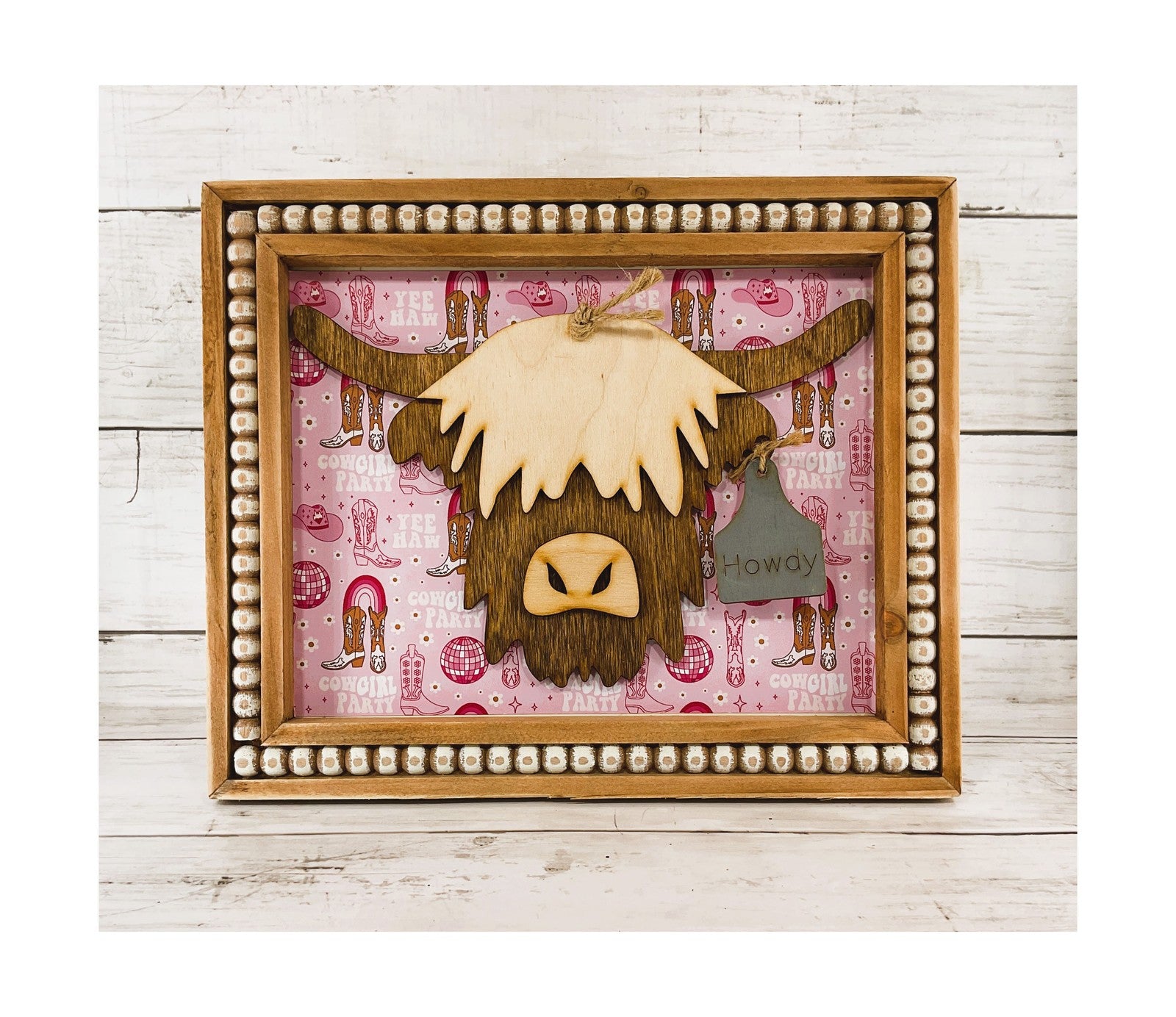 AGD Home Decor - Pink Cowgirl Howdy Highland Cow Head Easel-back Sign