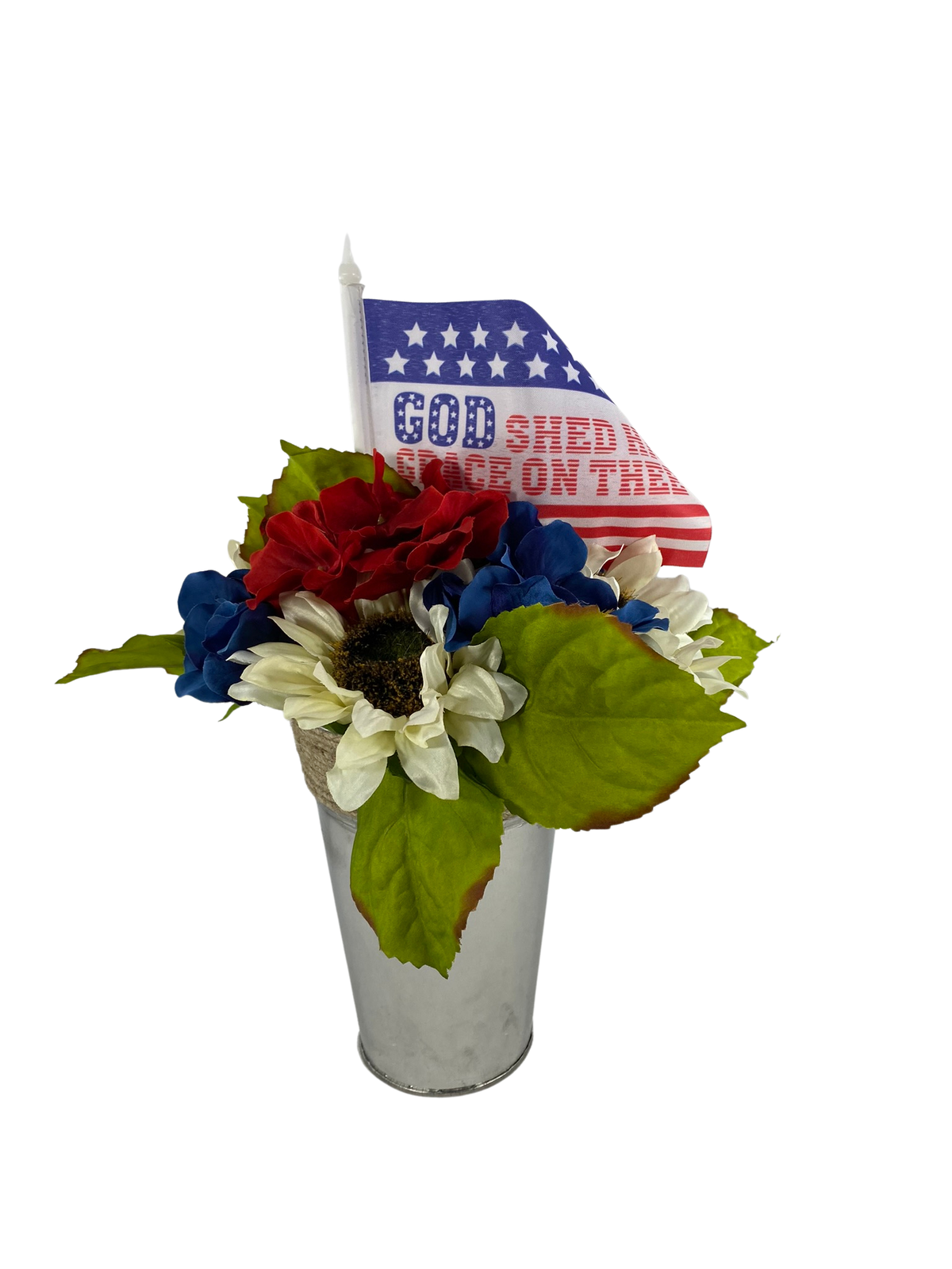 AGD Patriotic Decor  – God She His Blood Red White Blue Floral Centerpiece