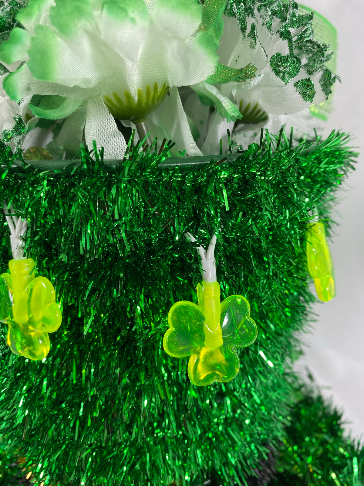 AGD St Patrick's Decor - Large Green Lighted Tinsel Tophat Centerpiece