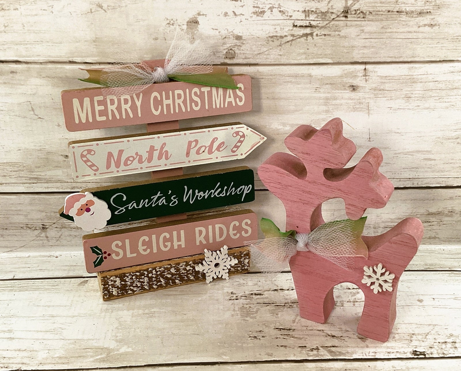 AGD Christmas Decor - Retro Pink Green Reindeer Directional Sign 2pc