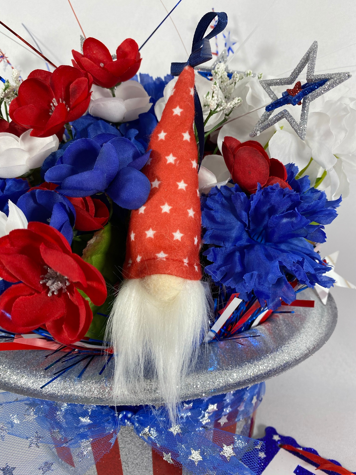 AGD Patriotic Decor  - Love the USA July 4th Gnome Floral Hat Centerpiece