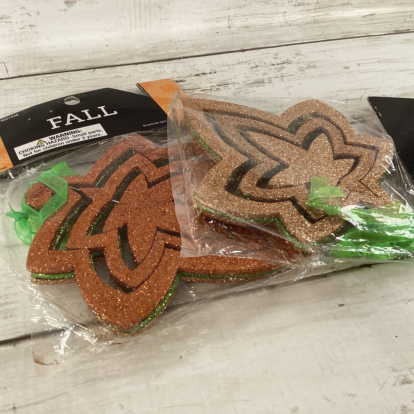 HL Glitter Green Rust Bronze Orange Leaf Leaves Ornaments 6pc Set