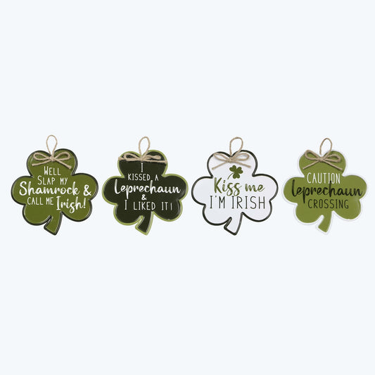 Youngs St. Patricks Day Decor - Tin Metal Shamrock Ornament Signs 4pc