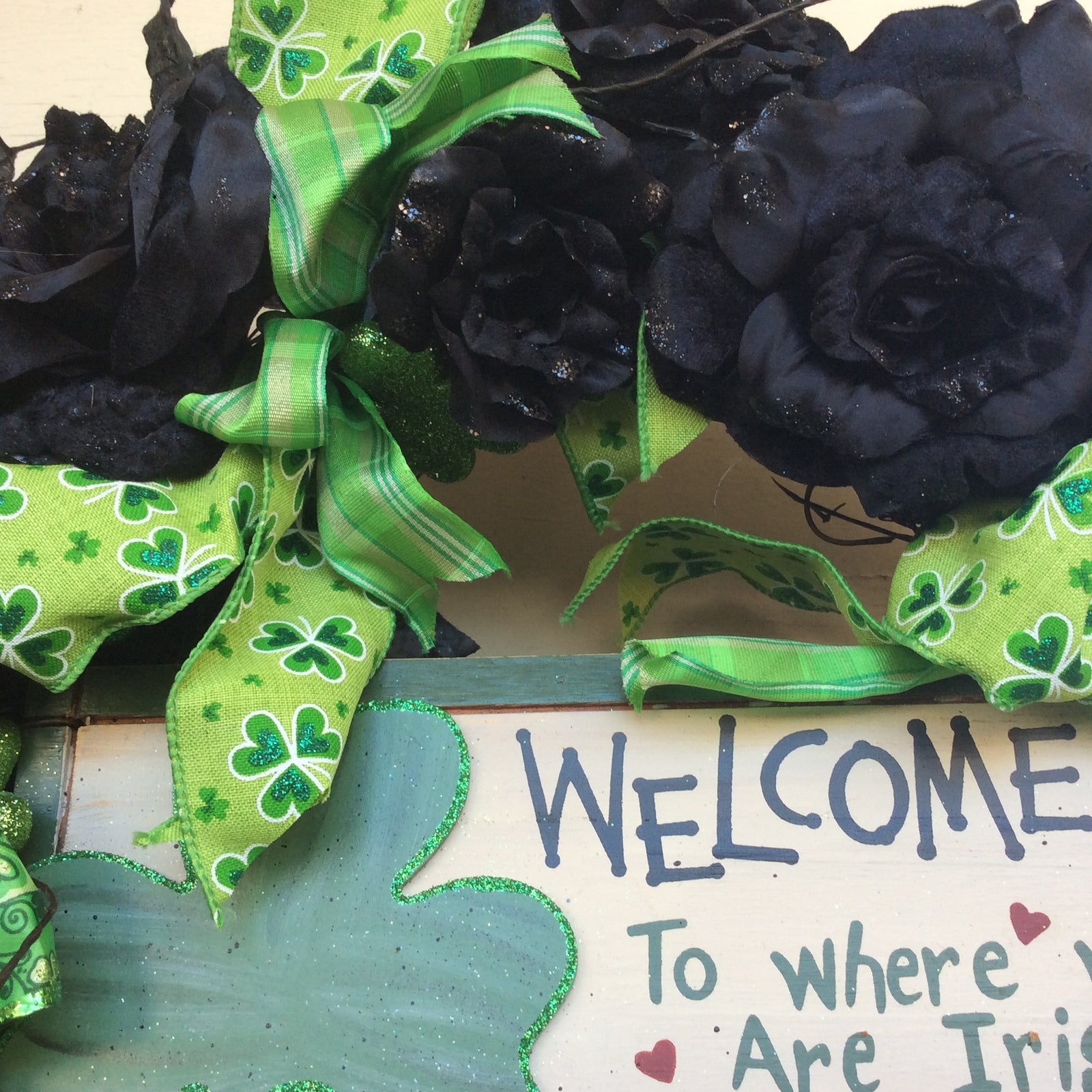 AGD St Patricks Decor - Lighted Black Rose Welcome Irish Heart Wreath