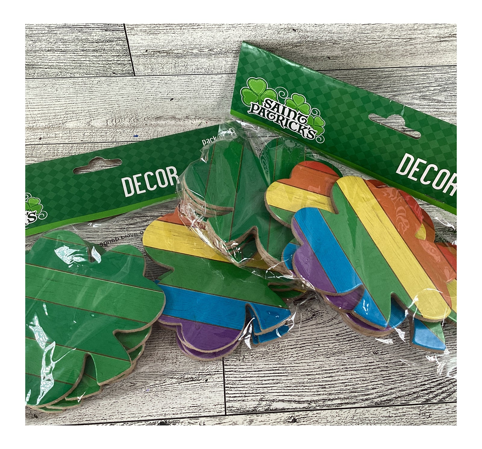 HL St Patrick's Craft Supplies - Wood Rainbow Green Stripe Shamrocks 16pc