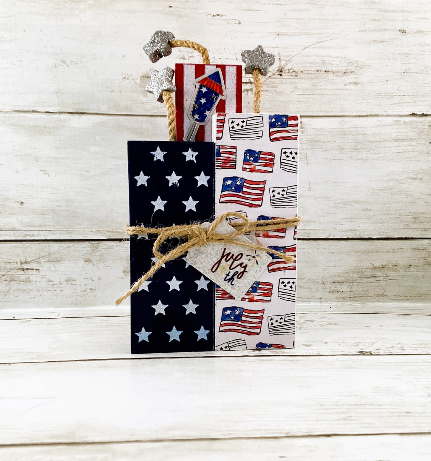AGD Patriotic Decor - July 4th Chunky Wood Firecracker Block Sign