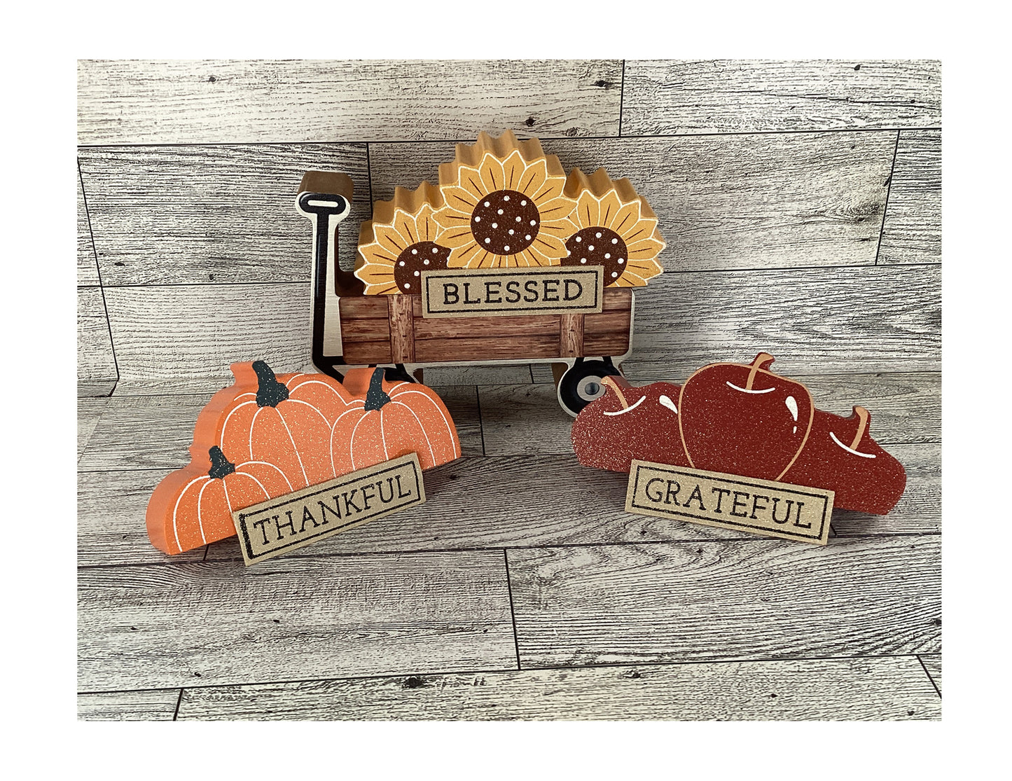 AGD Fall Decor - Chunky Wood Wagon Apple Sunflower Pumpkin Tier Tray