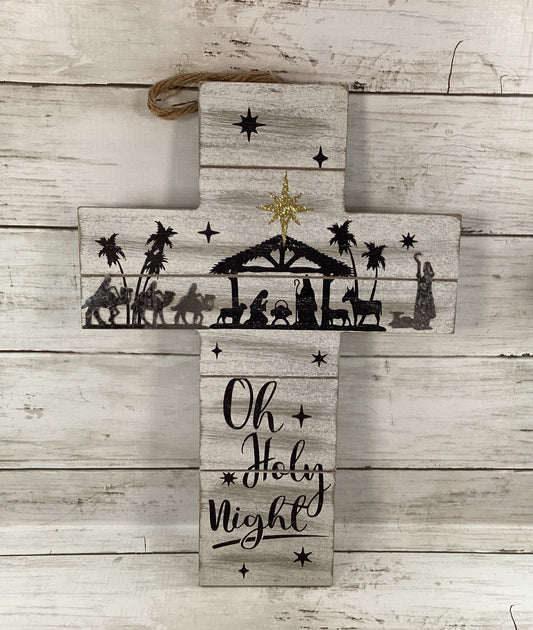 WM Christmas Decor -  Oh Holy Night Family Nativity Wall Cross 13in