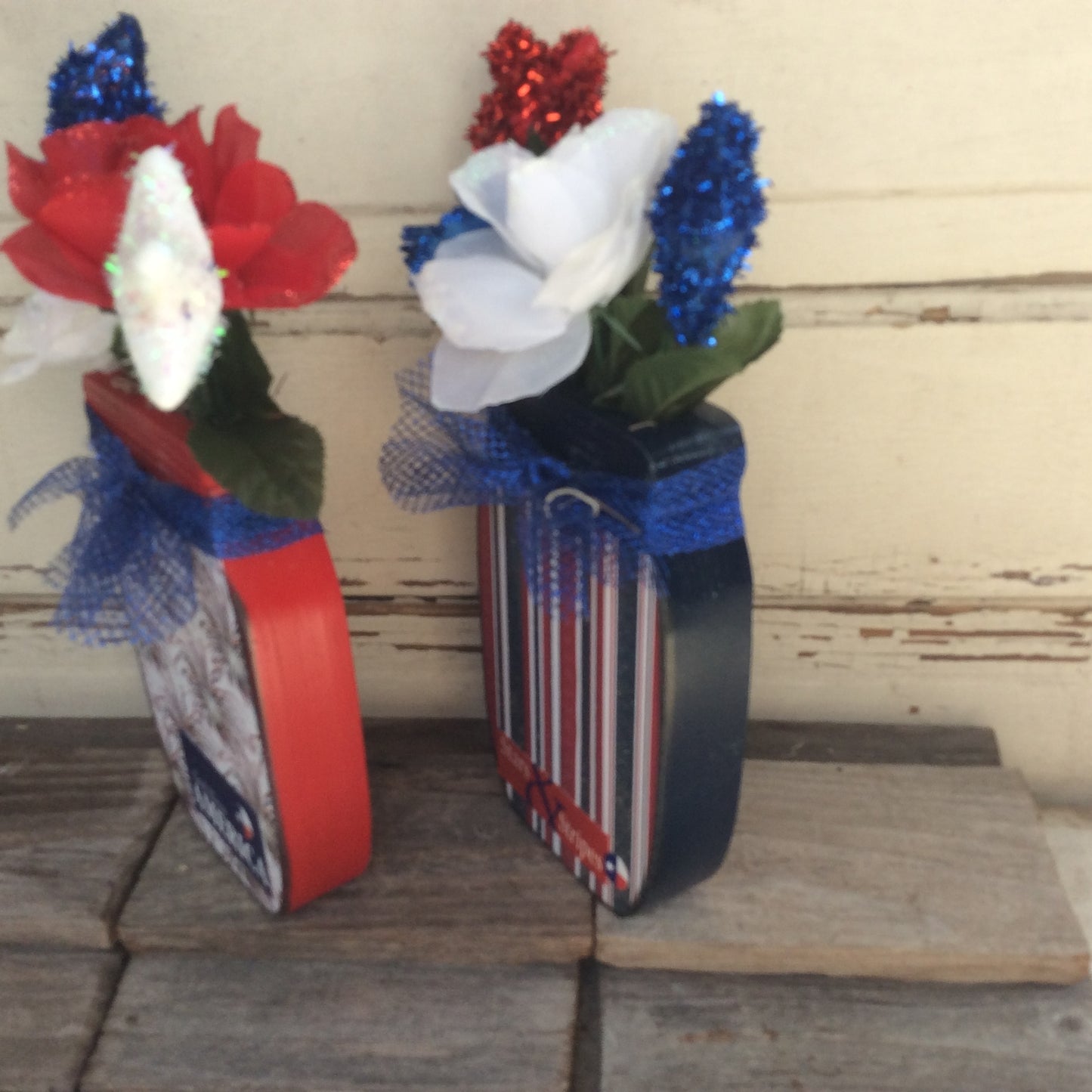 AGD Patriotic Decor - God Bless Stars Stripes Floral Wood Mason Jar 2pc Set
