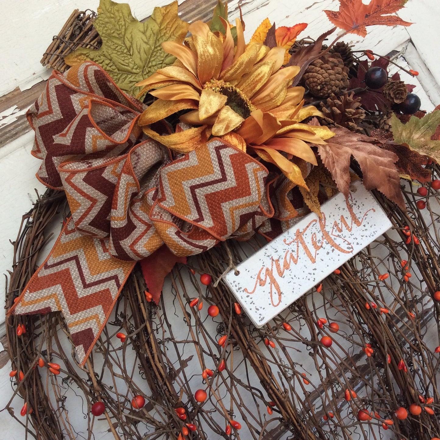 AGD Fall Decor - Flat Grapevine Pumpkin Grateful XX Large Wreath