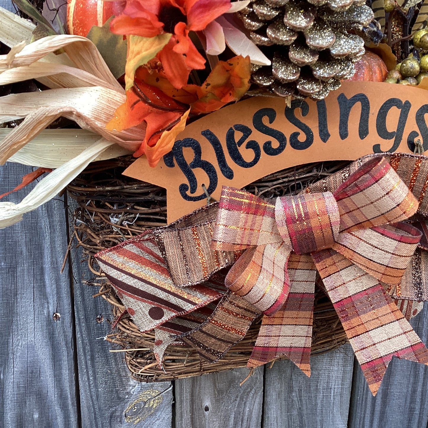 AGD Fall Decor - Large Blessings Grapevine Basket Harvest Floral Wreath