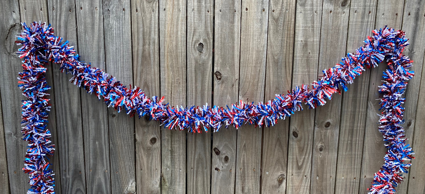 AGD Patriotic Decor - Red White Blue Thick Tinsel Lighted Garland 12ft