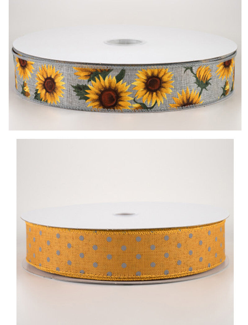 CO Fall Craft Supply - Gray Mustard Sunflower Polka-dot 1.5-inch 10yds each