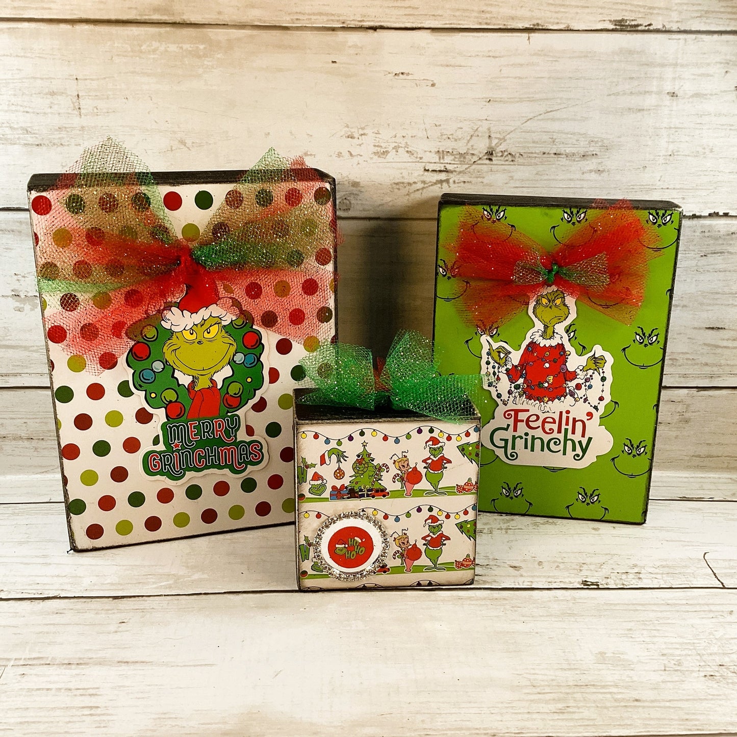 AGD Christmas Decor - Whimsy Green Monster Wood Gift Box Signs 3pc