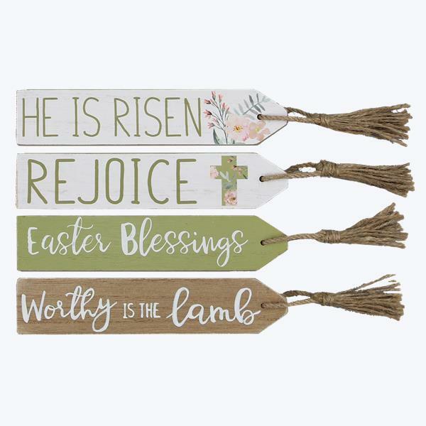 Youngs Easter Decor - Religious Tabletop Block Sign with Tassels