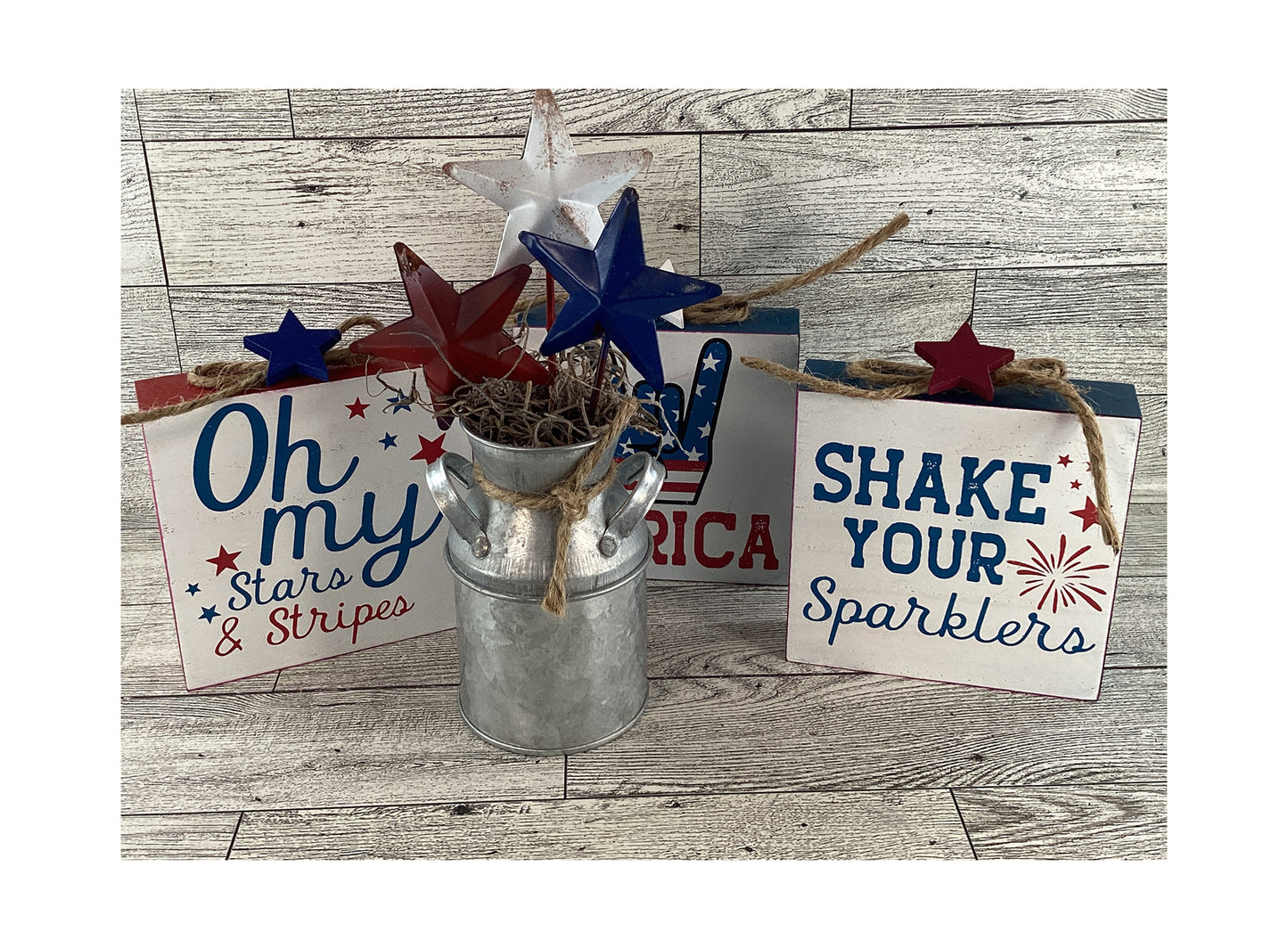 AGD Patriotic Decor - July 4th Chunky Wood Blocks and Milk Can 4pc Set