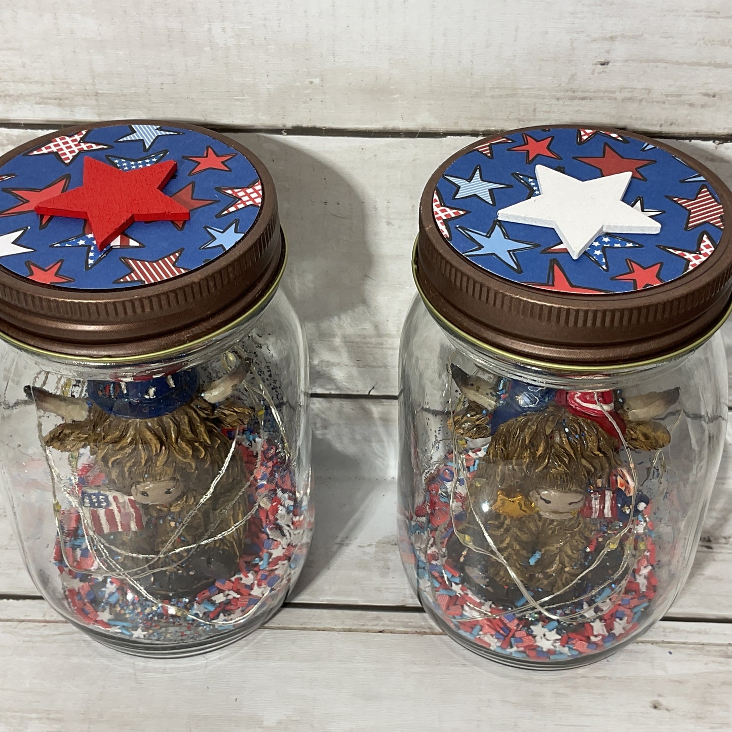 AGD Patriotic Decor - July 4th Highland Cow Lighted Mason Jars 2pc