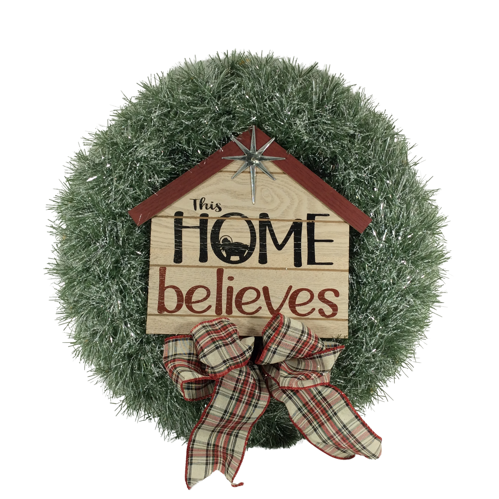AGD Christmas Decor - Faux Pine This Home Believes Lighted Tinsel Wreath