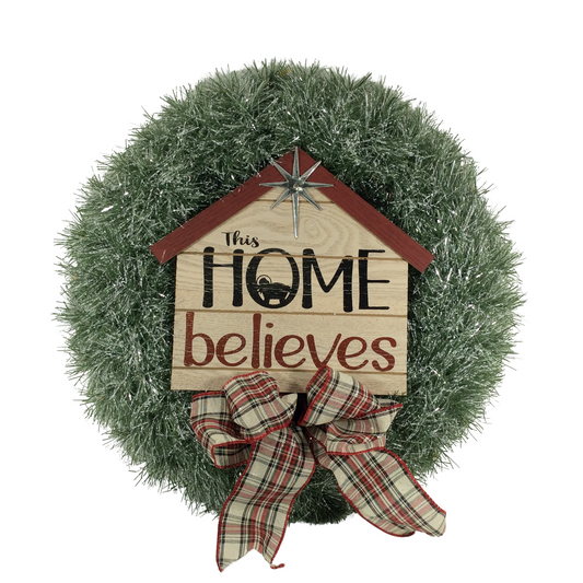 AGD Christmas Decor - Faux Pine This Home Believes Lighted Tinsel Wreath