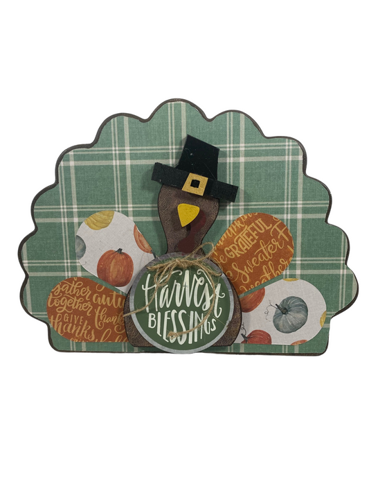 AGD Fall Decor -  Reversible Harvest Blessings Chunky Wood Turkey Sign