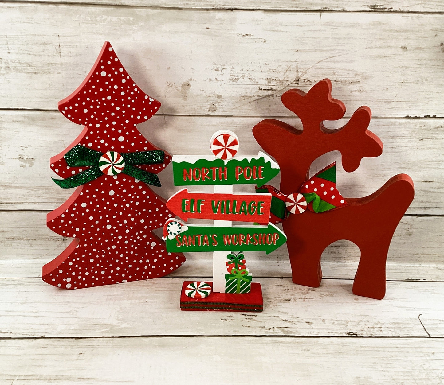 AGD Christmas Decor - Red White Green Tree Directional Sign Reindeer 3pc