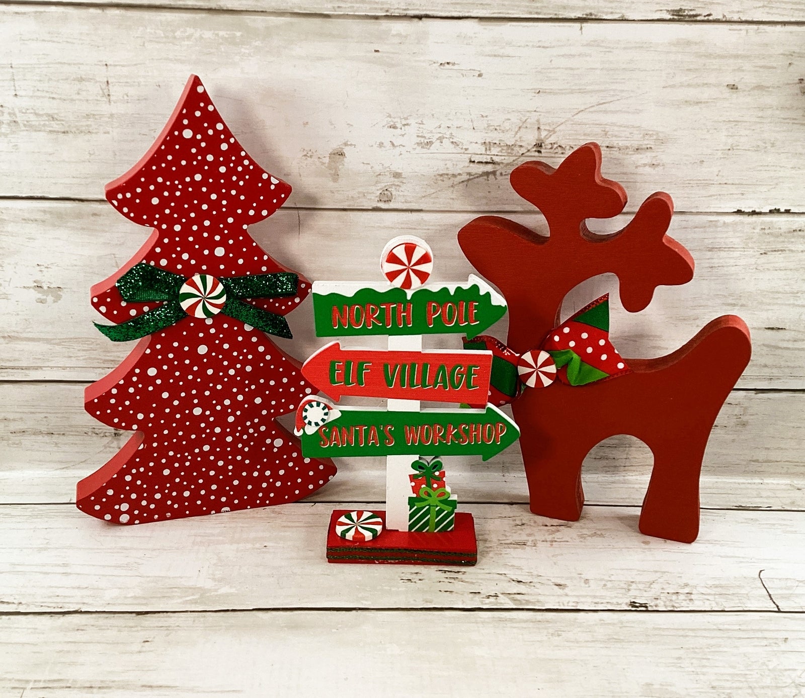 AGD Christmas Decor - Red White Green Tree Directional Sign Reindeer 3pc