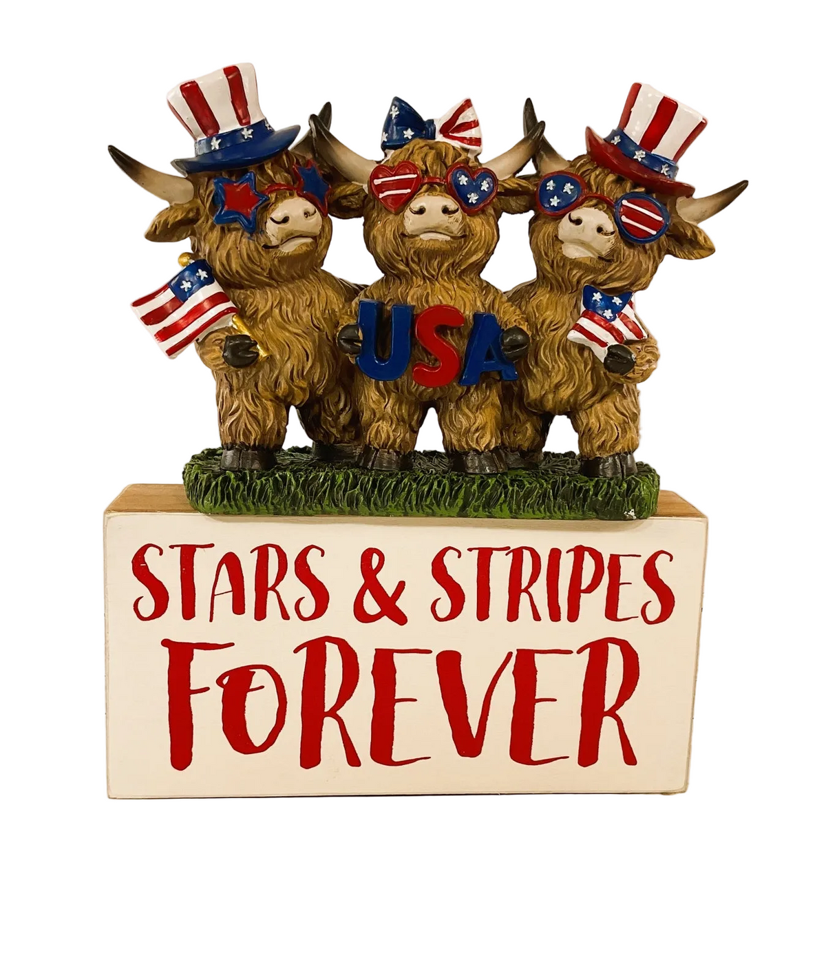 Patriotic Decor - July 4th Resin Highland Cow Trio Figurines w/Bonus Sign