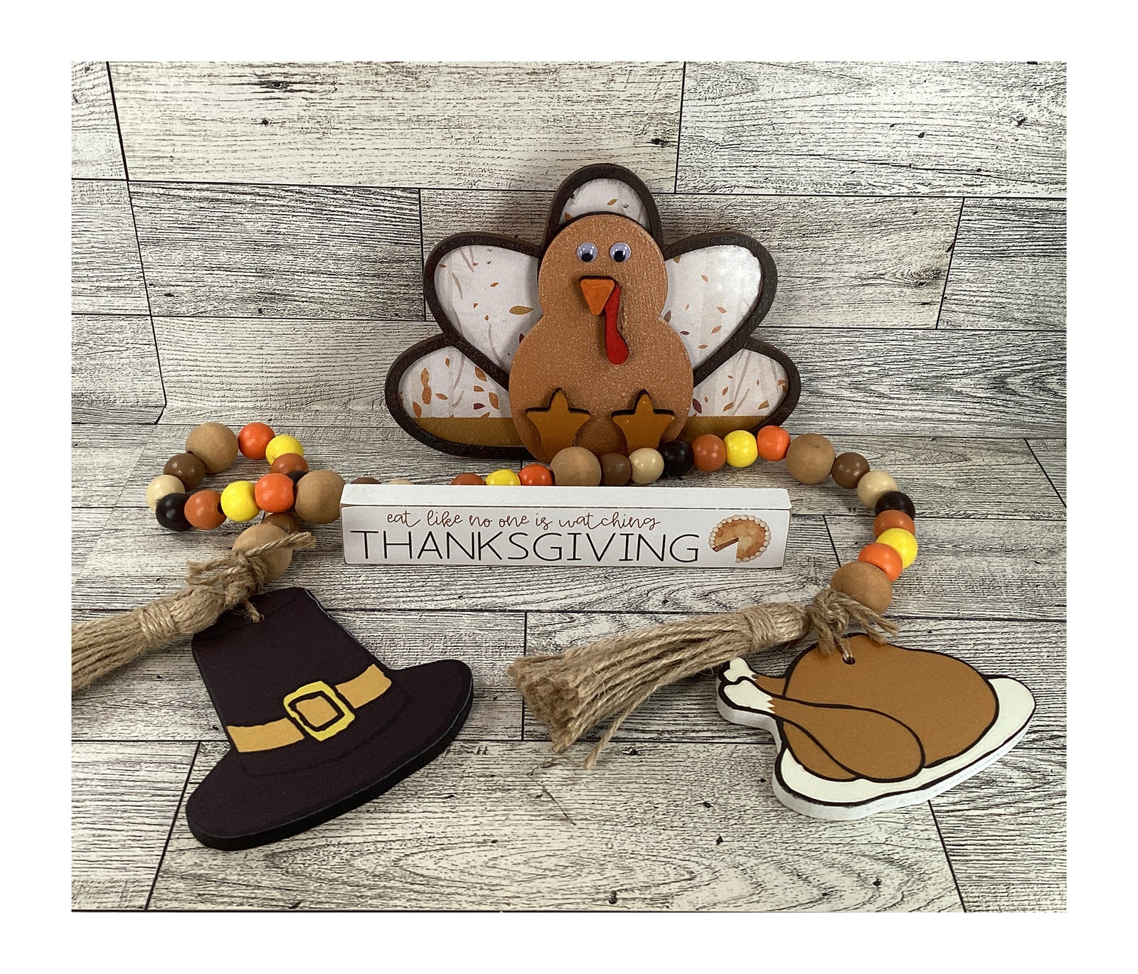 AGD Fall Decor - Wood Turkey Gobble Fat Pants Gravy Pilgrim Garland Tier Tray