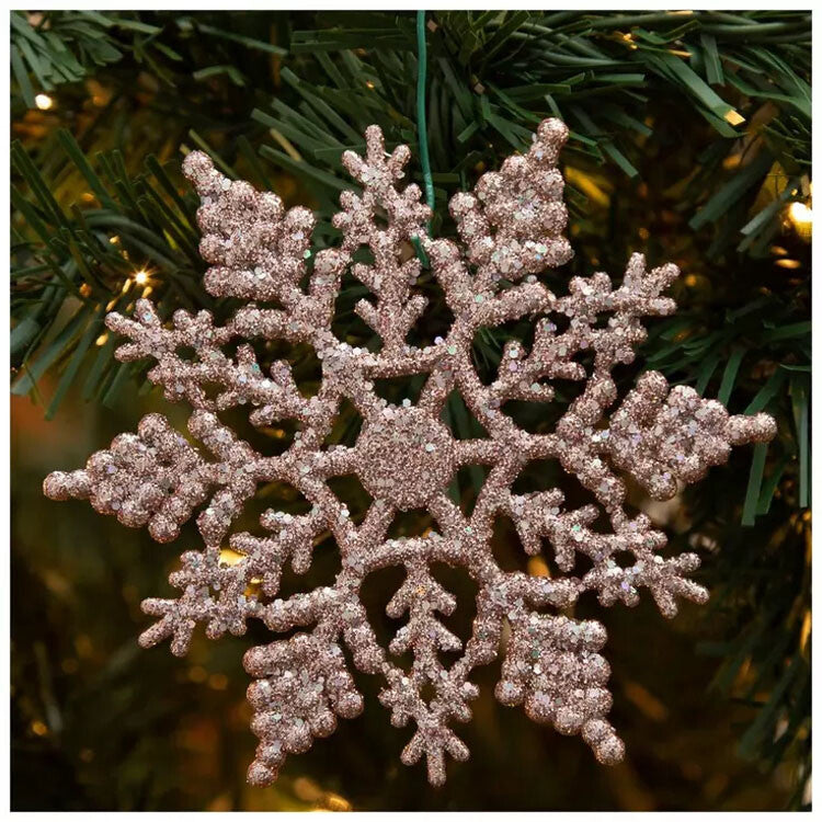 HL Christmas Decor - Plastic Glitter Snowflakes Blush Pink 24pc Set