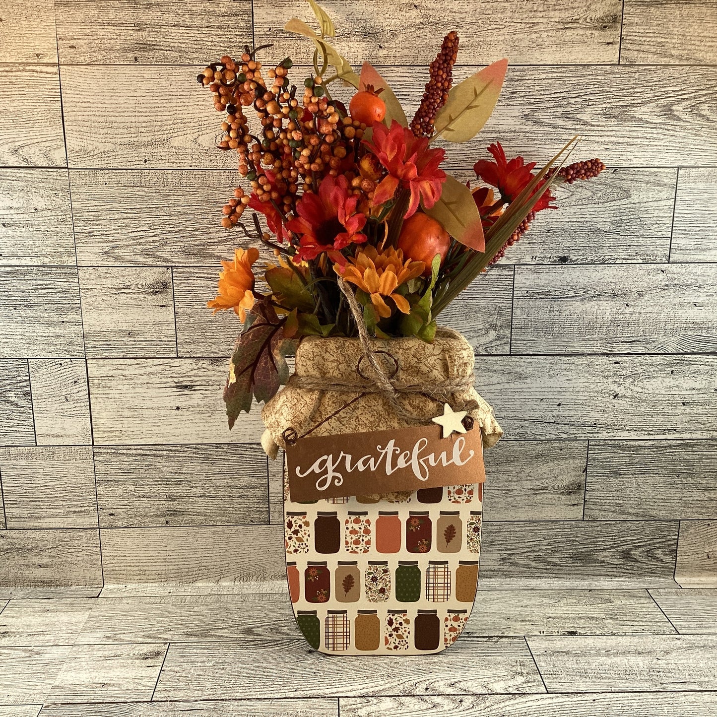 AGD Fall Decor - Autumn Grateful Thankful Floral Wood Mason Jar Display