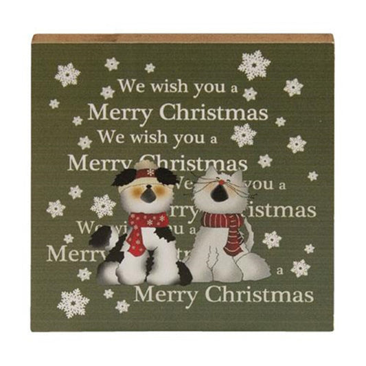 CWI Christmas Decor - Prim Merry Dog and Cat Block Sign
